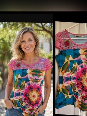 Savage Culture Multi-Patterned Embroidered Blouse Top Size Medium●